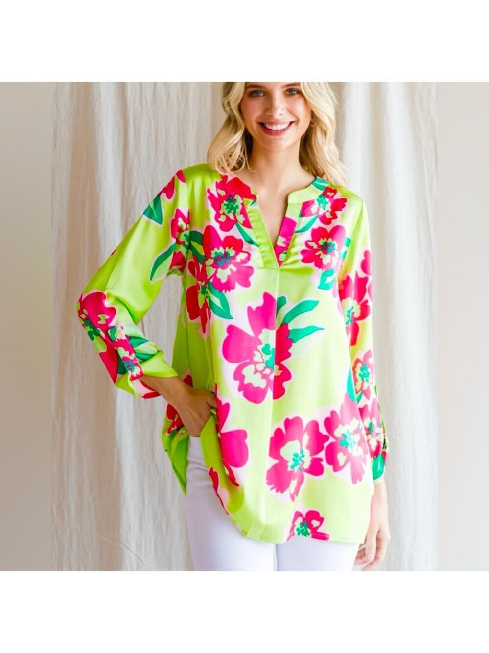 JODIFL Lime Green V Neck Tunic with Hot Pink Hibiscus Flowers size S NWT - Picture 1 of 11